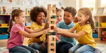 Children collaboratively building a block tower, demonstrating teamwork and positive social interaction.