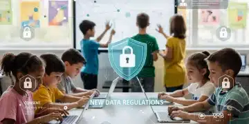 Children engaging with digital devices under data privacy overlay