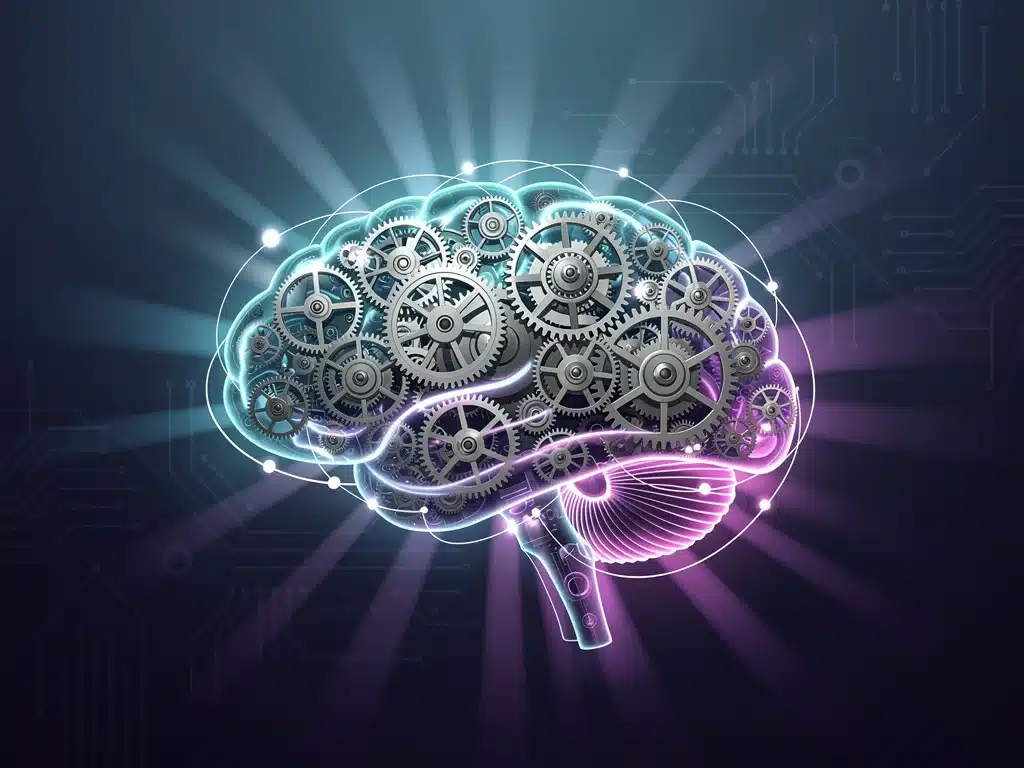 Stylized brain with gears, representing cognitive flexibility and continuous learning for adaptability.