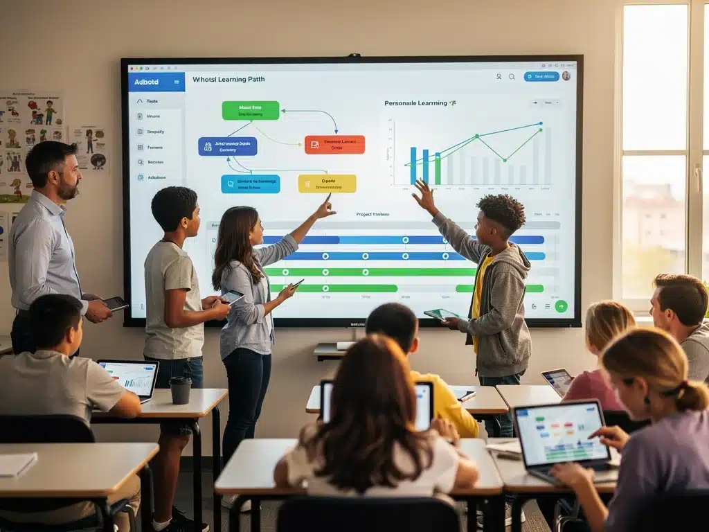 Students collaborating with interactive whiteboard in personalized learning