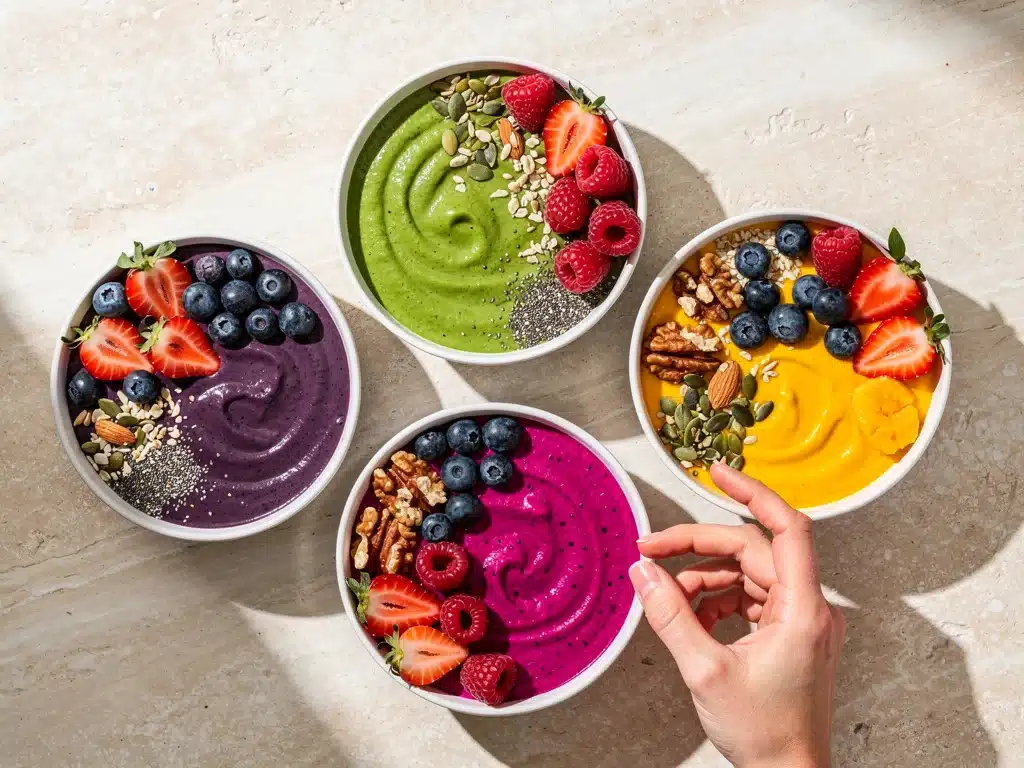 Assortment of vibrant plant-based smoothie bowls topped with fresh fruits and seeds.