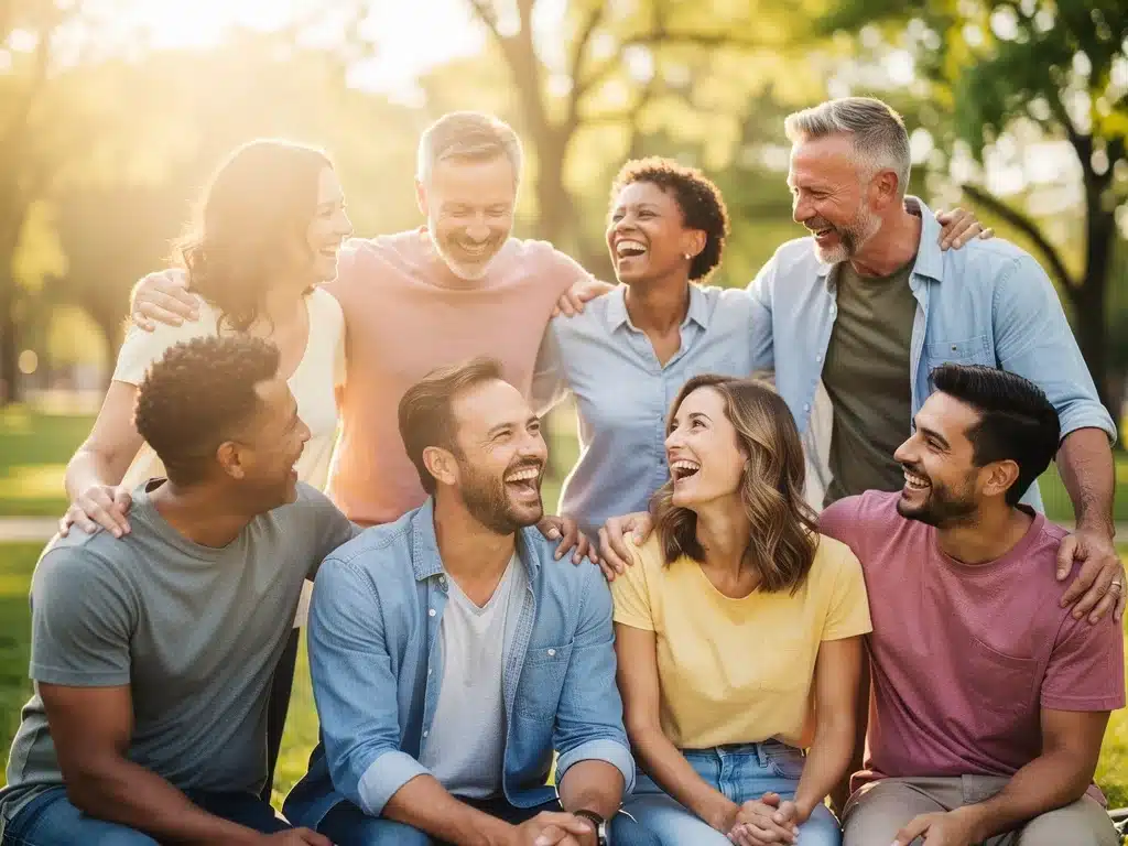 Diverse group of happy people connecting and smiling outdoors