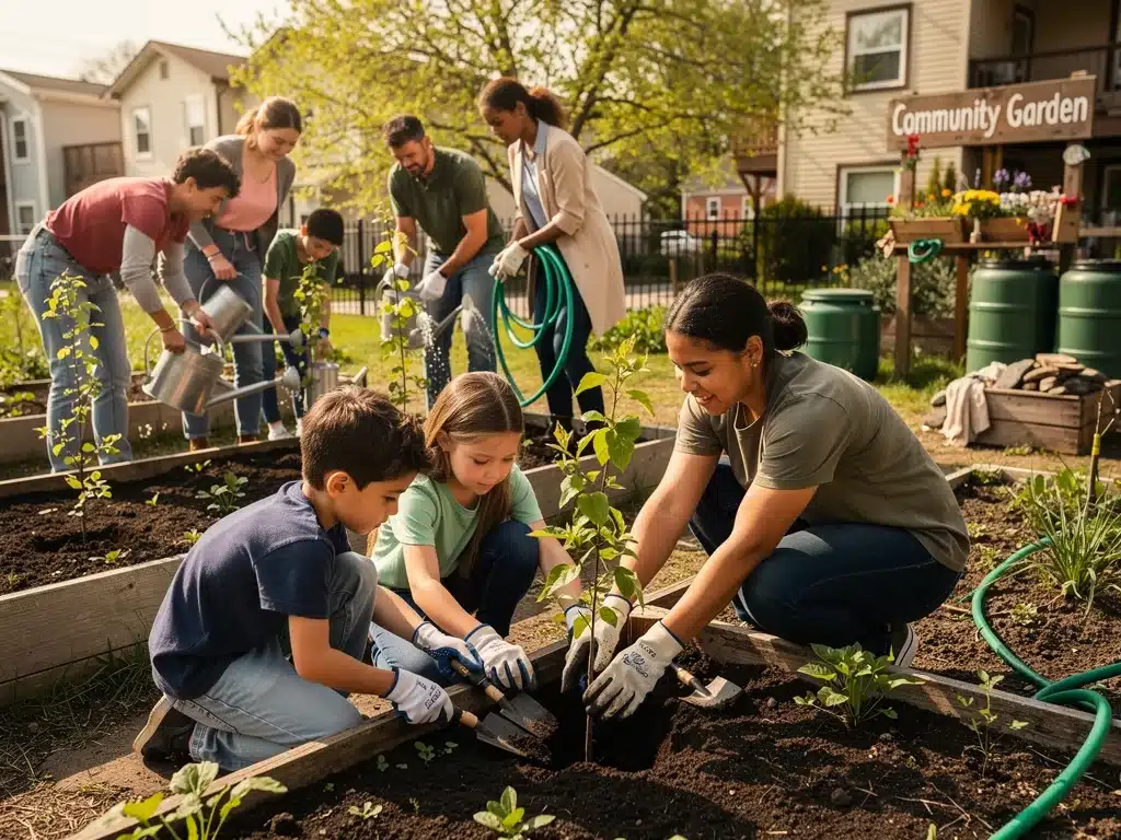 Community planting trees for green infrastructure and resilience