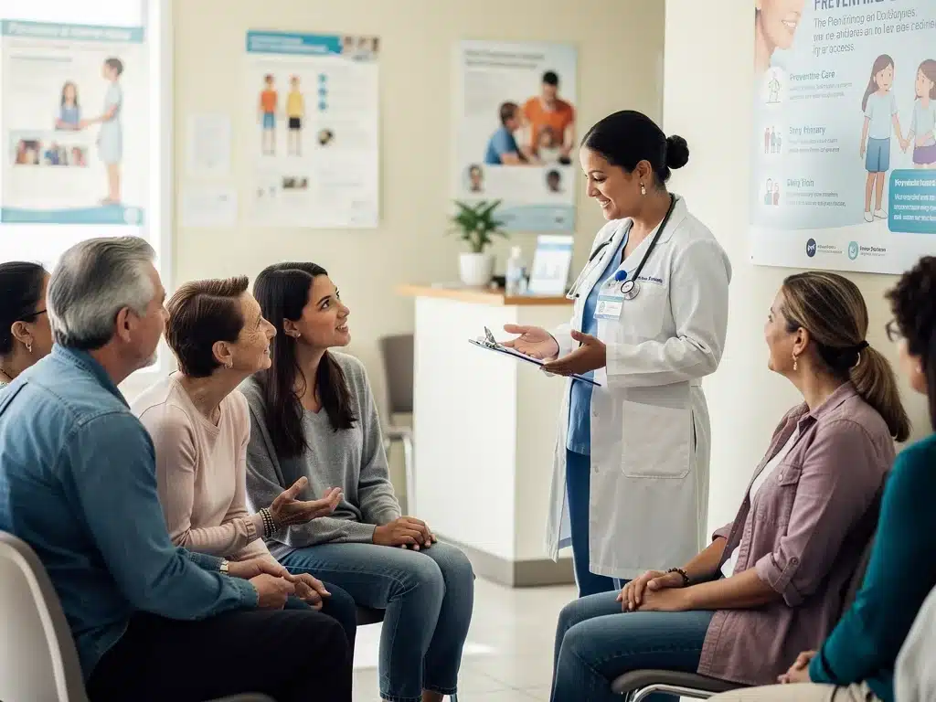 Diverse group discussing healthcare with a professional in a community clinic