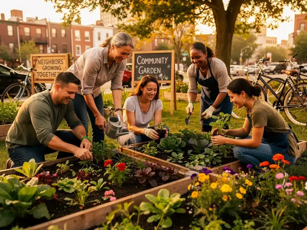 Community garden with people collaborating, illustrating renewed social connections.