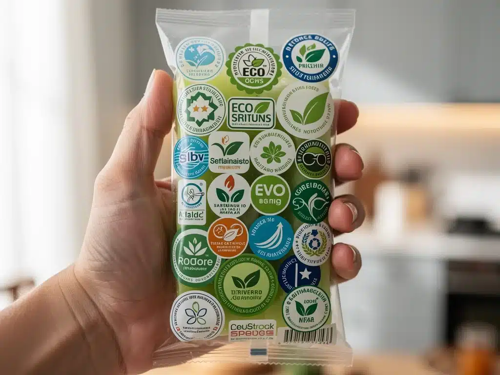 Hand holding product with multiple complex eco-labels, illustrating consumer challenge