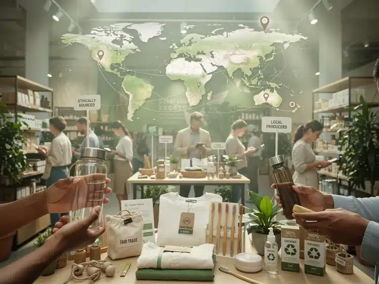 Consumers thoughtfully choosing products, representing the rise of conscious consumerism.