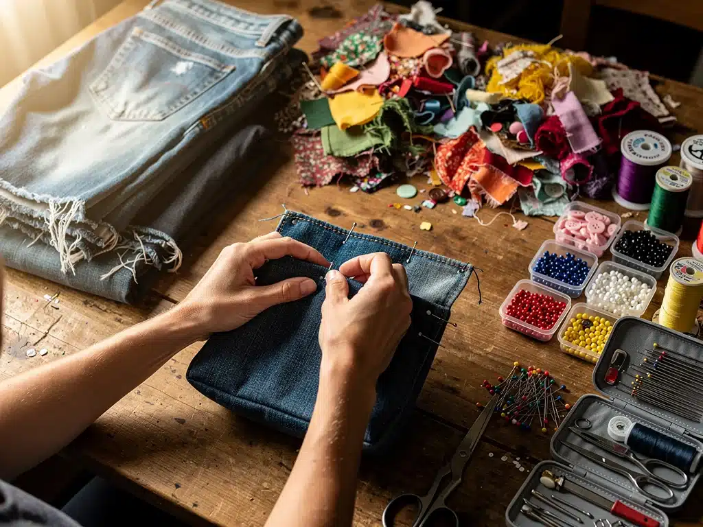 Crafting area with upcycled materials for accessory creation