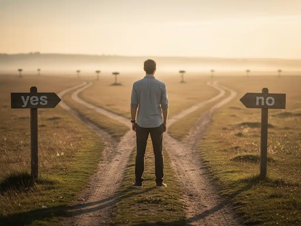 Person at crossroads, symbolizing decision-making and clear communication of boundaries.