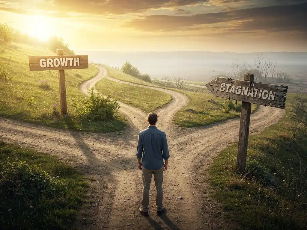 Individual at a crossroads, symbolizing strategic decision-making for personal growth amidst change.