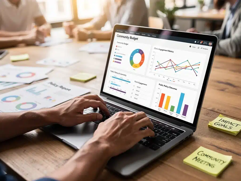 Hands typing on a laptop, analyzing public policy data