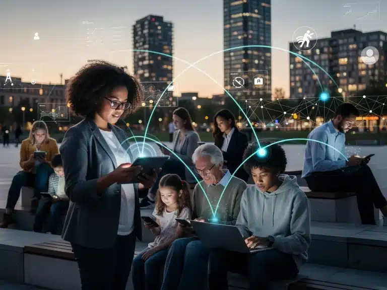 People engaging digitally with civic platforms, symbolizing modern participation