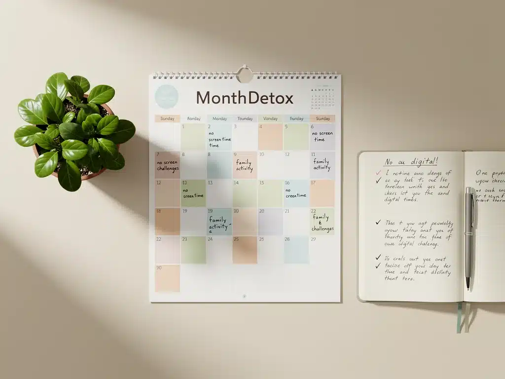 Calendar marking digital detox days, symbolizing intentional screen time reduction
