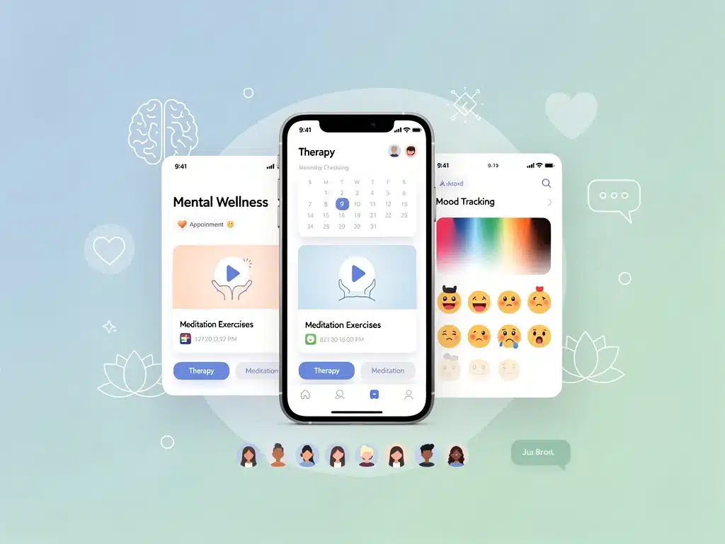 Digital mental health platform interface with therapy, meditation, and mood tracking options