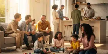 Diverse family members interacting in a modern home, representing evolving family structures.