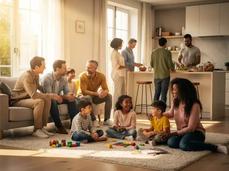 Diverse family members interacting in a modern home, representing evolving family structures.