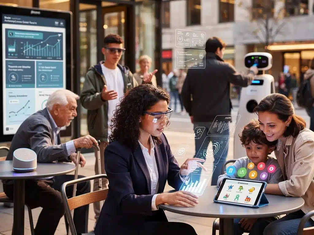 Diverse individuals interacting with AI in daily life