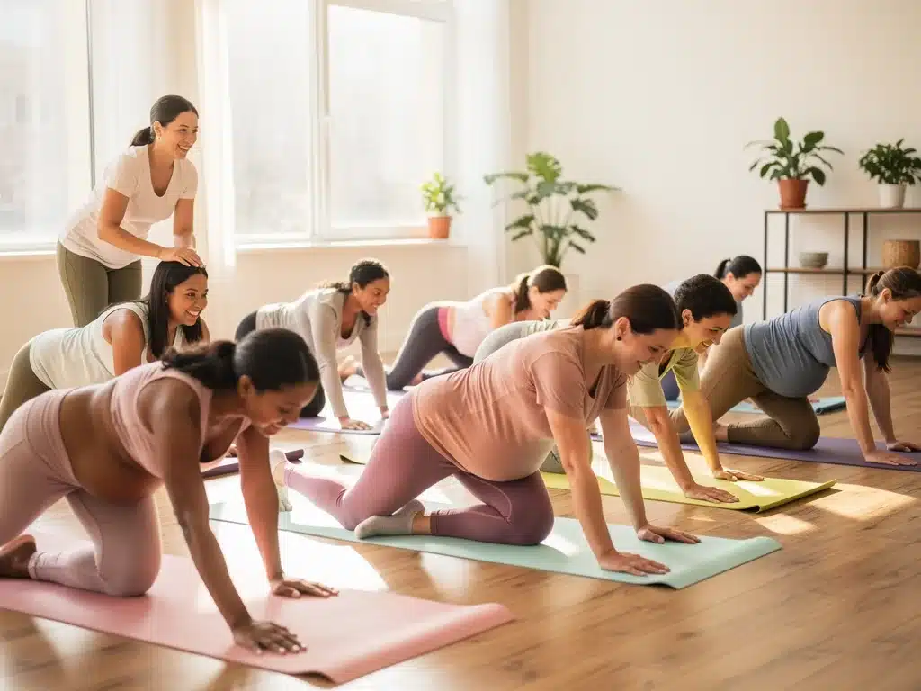 Diverse group of pregnant women in a supportive prenatal yoga class.