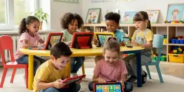 Children engaged with educational apps on tablets, symbolizing modern early childhood learning