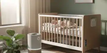 Eco-friendly nursery with sustainable baby tech products and a sleeping infant
