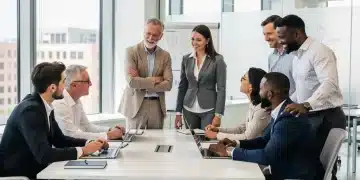 Professionals collaborating, demonstrating emotional intelligence in a modern office environment