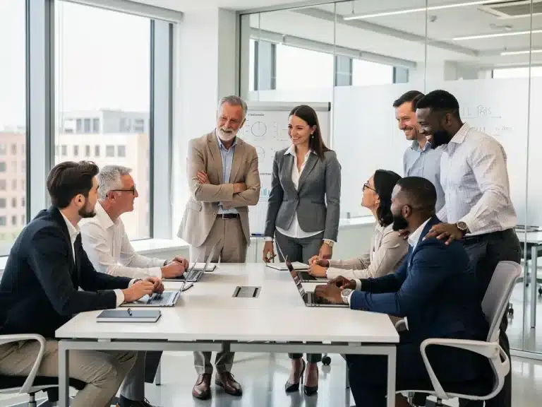 Professionals collaborating, demonstrating emotional intelligence in a modern office environment