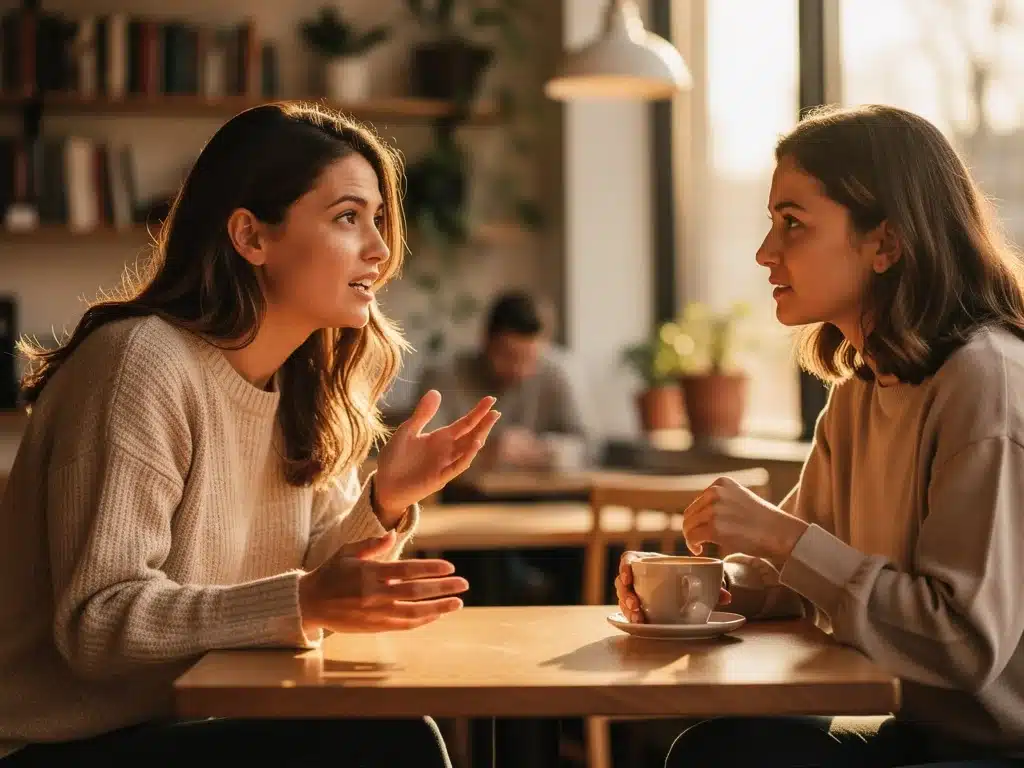 People in empathetic conversation, demonstrating strong social skills