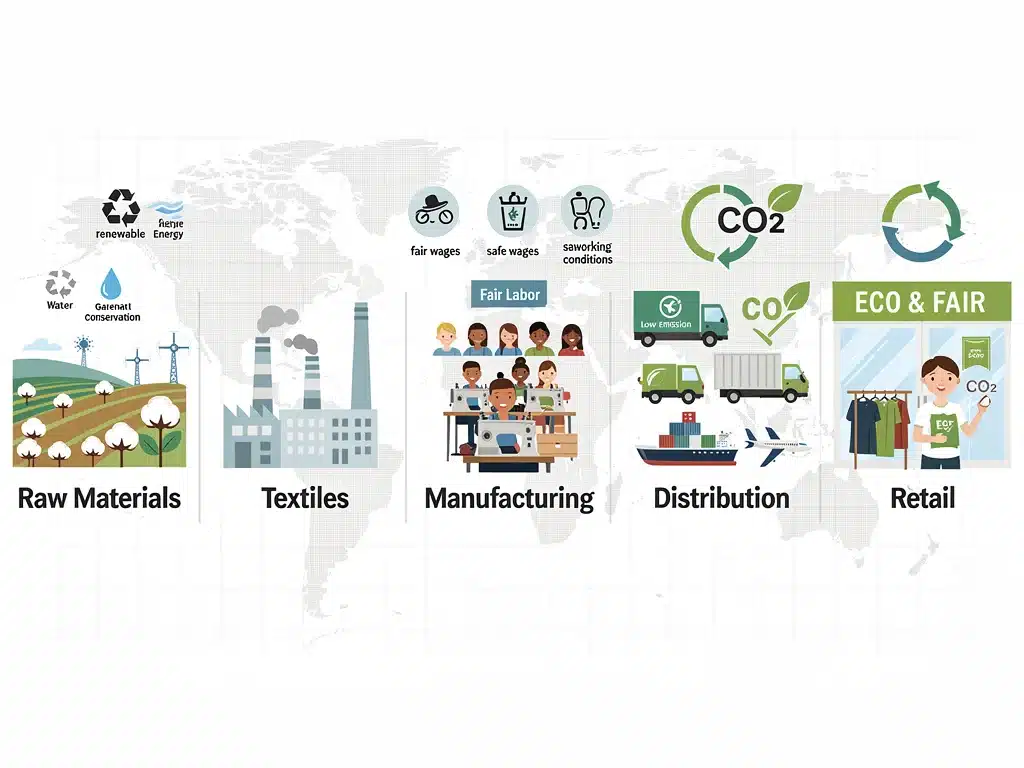 Infographic depicting an ethical fashion supply chain with fair labor and eco-friendly elements
