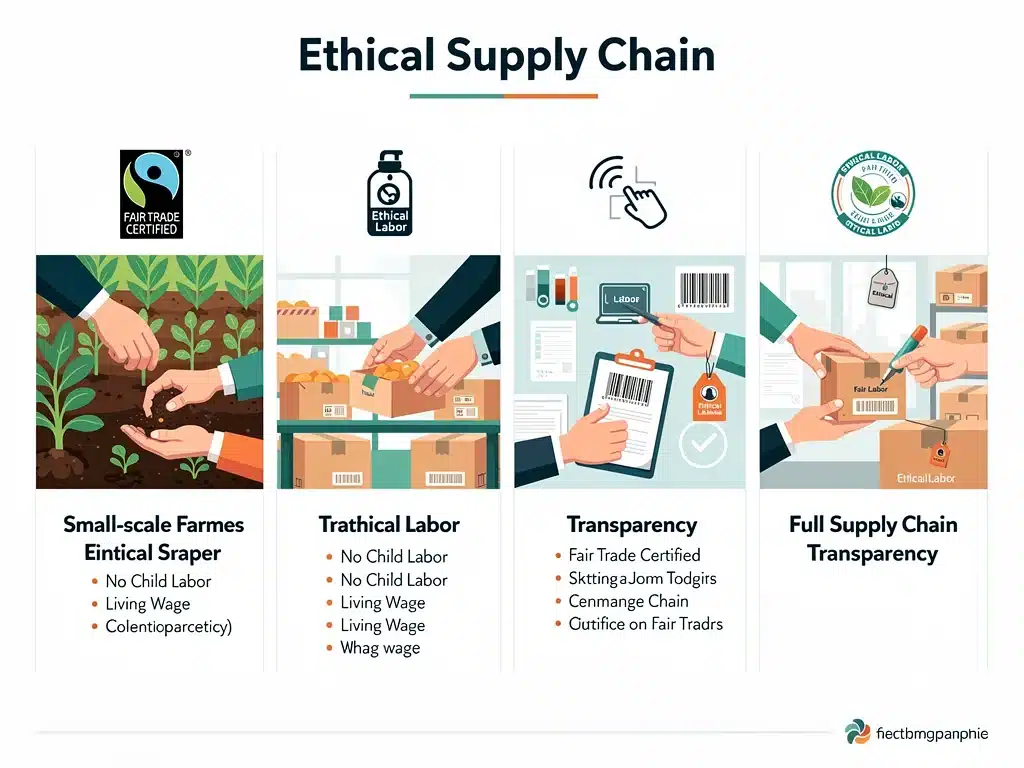 Diagram showing an ethical and transparent supply chain with fair labor practices.