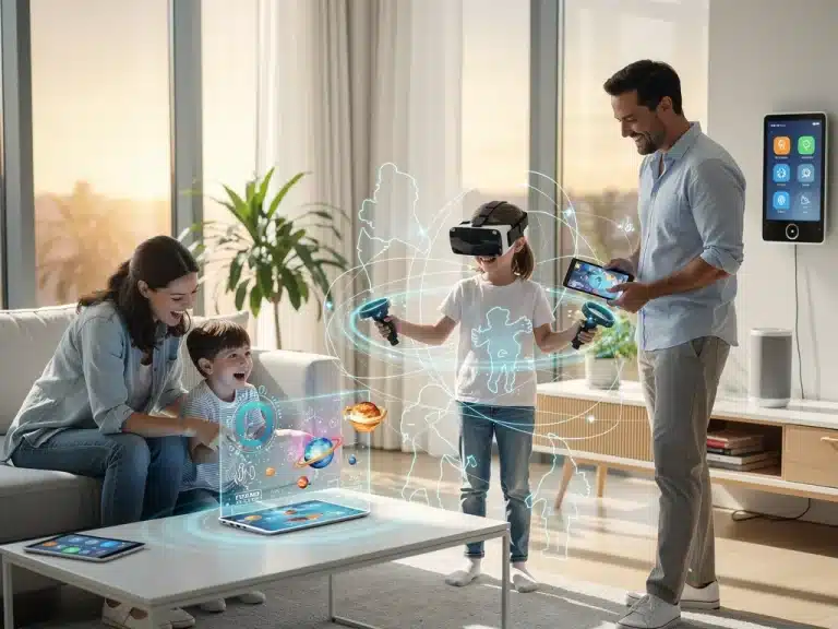 Family enjoying seamless 5G connectivity at home with smart devices