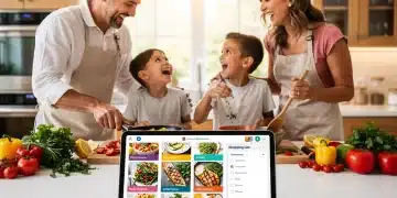 Family using AI meal planning app in a modern kitchen