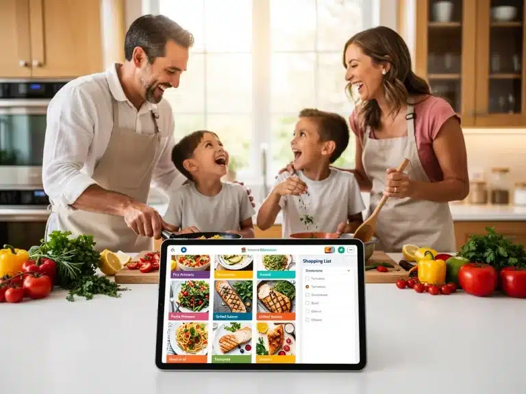 Family using AI meal planning app in a modern kitchen
