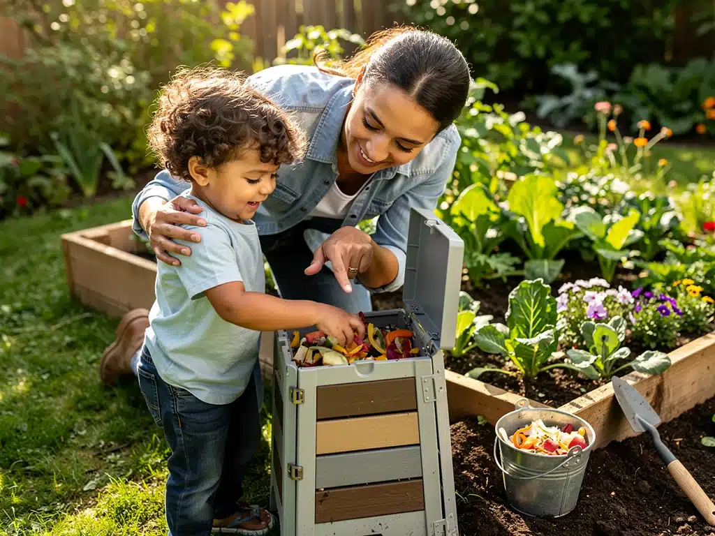Parent and child composting food scraps together