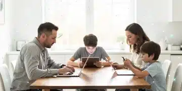 Family managing digital data on various devices, symbolizing modern data organization and security