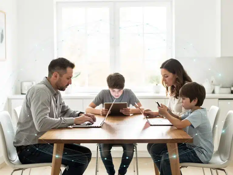 Family managing digital data on various devices, symbolizing modern data organization and security