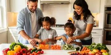 Family preparing a meal mindfully to reduce food waste