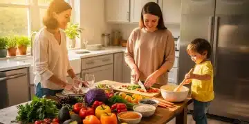Family preparing a vibrant plant-based meal in a sunlit kitchen, emphasizing healthy eating and togetherness.