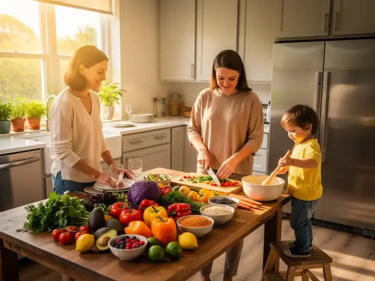 Family preparing a vibrant plant-based meal in a sunlit kitchen, emphasizing healthy eating and togetherness.