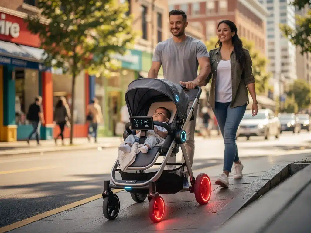 Family using smart stroller with safety features in city