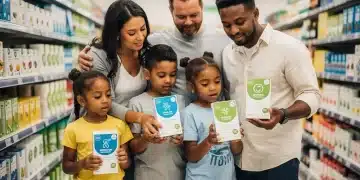 Family examining eco-labeled products in a supermarket aisle for healthy choices