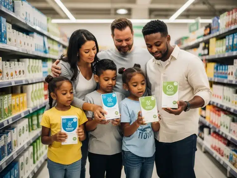Family examining eco-labeled products in a supermarket aisle for healthy choices