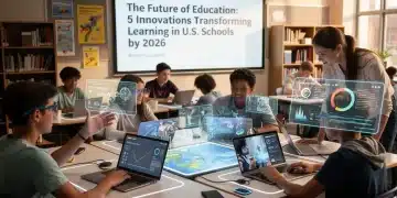 Future of Education: U.S. School Innovations by 2026 Students learning with advanced technology in a futuristic U.S. classroom