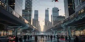 Futuristic cityscape with AI networks and U.S. policy influence