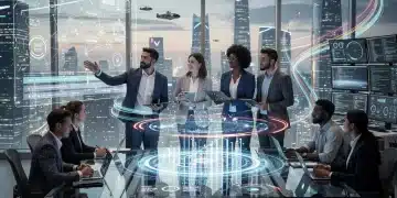 People collaborating in a futuristic office, symbolizing successful adaptation and innovation in a rapidly evolving world.