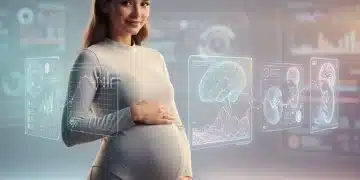 Futuristic mother engaging with neurobehavioral tracking during pregnancy