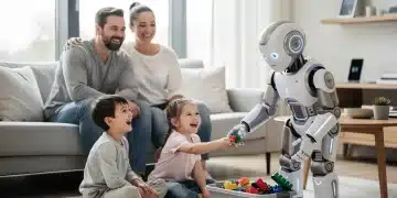 Futuristic robot assisting busy parents with household chores in a modern home by 2026