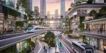 Futuristic urban landscape with green infrastructure and smart technology