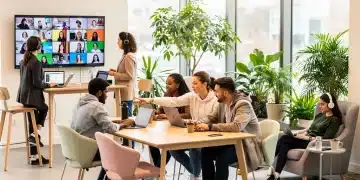 Gen Z professionals collaborating in a modern, flexible workspace, emphasizing work-life integration.