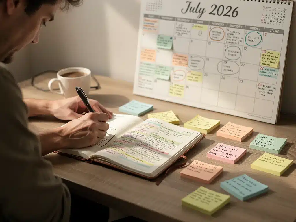 Person planning and journaling for personal milestones, focusing on July 2026 deadline
