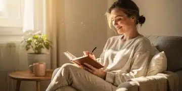 Person journaling about gratitude in a peaceful, sunlit setting